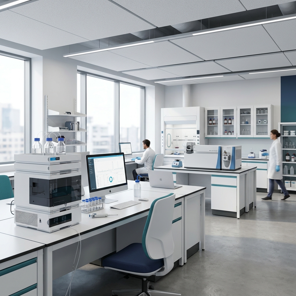 Advanced scientific lab building at twilight